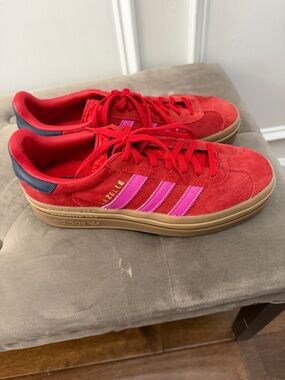 adidas Red Suede Sneakers with Pink Stripes and Gum Sole